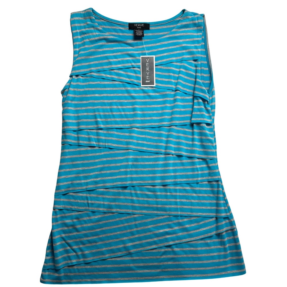 Verve Ami Womens Large Striped Tiered Sleeveless Tank Top Turquoise Grey